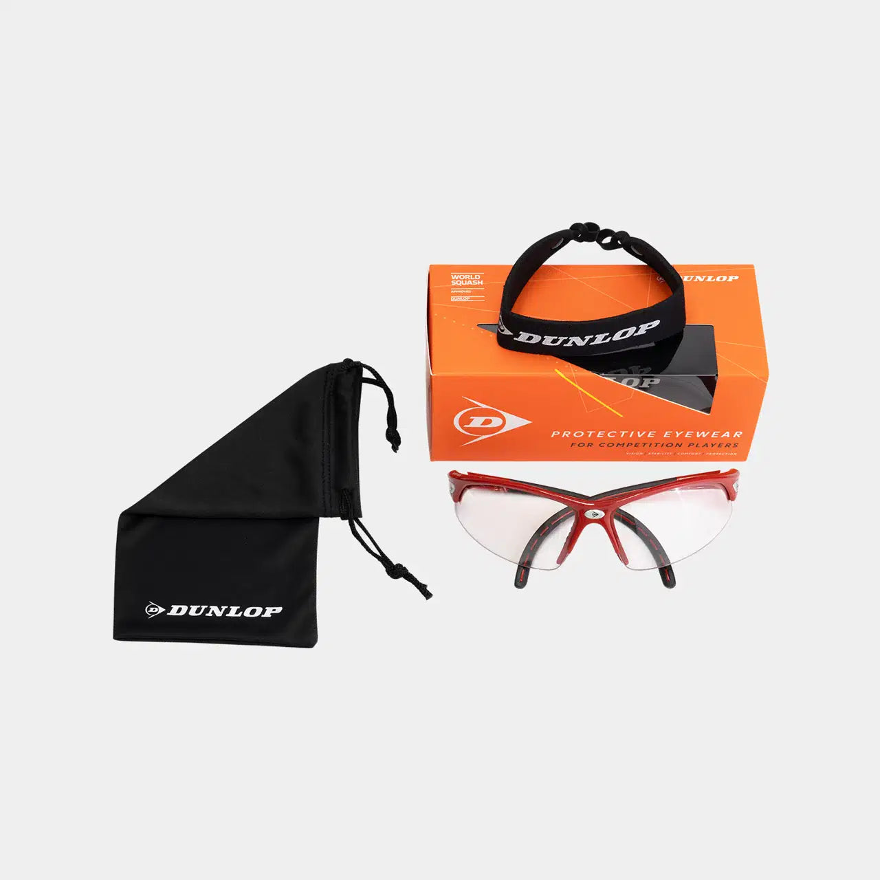 משקפי הגנה סקווש דנלופ PROTECTIVE EYEWEAR-COMP PLAYERS-RED/BLACK Dunlop עם קופסה ושקית אחסון