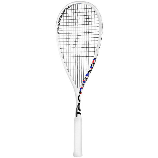 מחבט סקווש לילדים Tecnifibre CARBOFLEX JR V2 | טכניפייבר, עיצוב לבן ייחודי עם רשת והכיתוב Tecnifibre.