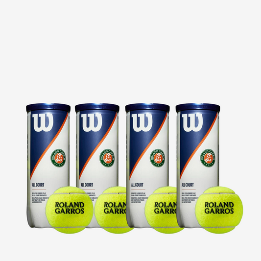 כדורי טניס Wilson Roland Garros All Court 3 Ball (12 כדורים) | וילסון  באריזת שלושה קופסאות עם כדורים.