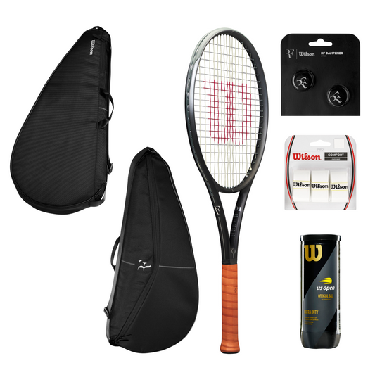 באנדל RF WILSON + כיסוי: מחבט, כיסוי, קופסת כדורים ובלמי זעזועים למשחק מקצועי.