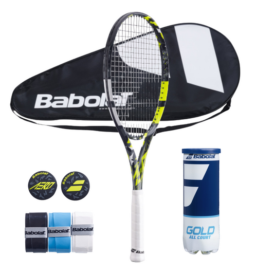 באנדל  Pure Aero Team 2023 Babolat + כיסוי - סט טניס כולל מחבט, ציוד וערכת כדורים.