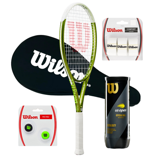 באנדל מתחילים Blade Feel Team 103 + כיסוי כולל מחבט טניס, כיסוי, כדורי טניס ופלאגי נוחות.