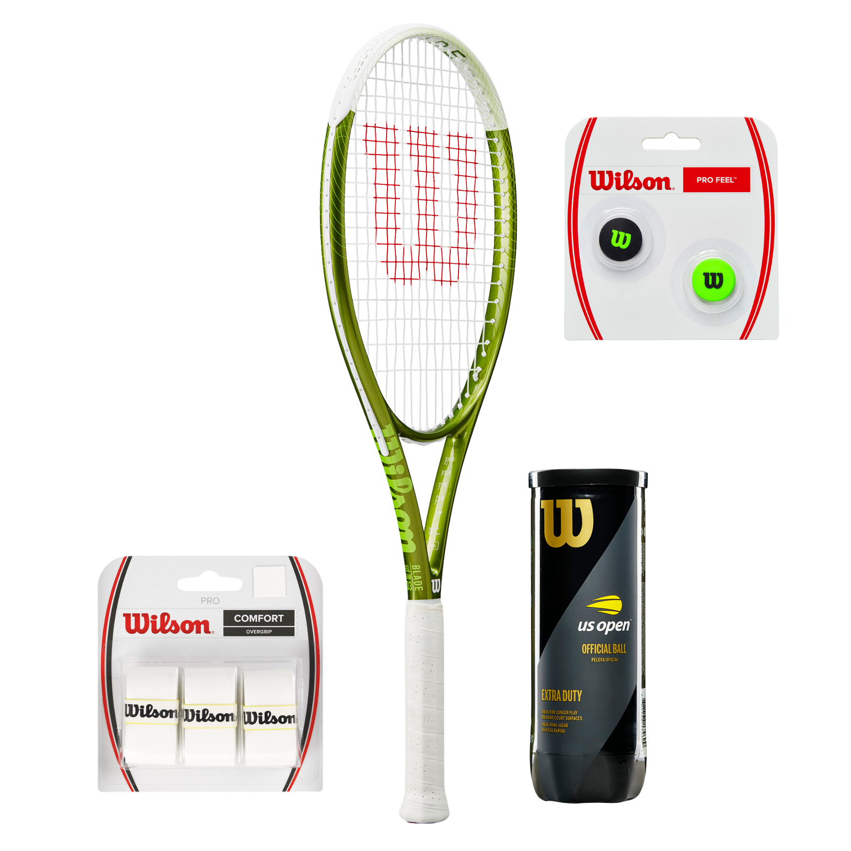 באנדל מתחילים Blade Feel Team 103 כולל מחבט טניס, בולמי זעזועים וכדורי טניס US Open.