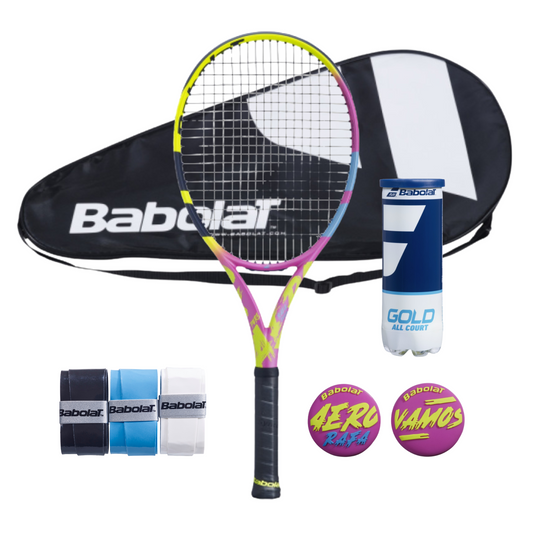 באנדל Pure Aero Rafa 2023 + כיסוי, מחבט טניס Babolat עם כדורים וכיסוי צבעוני