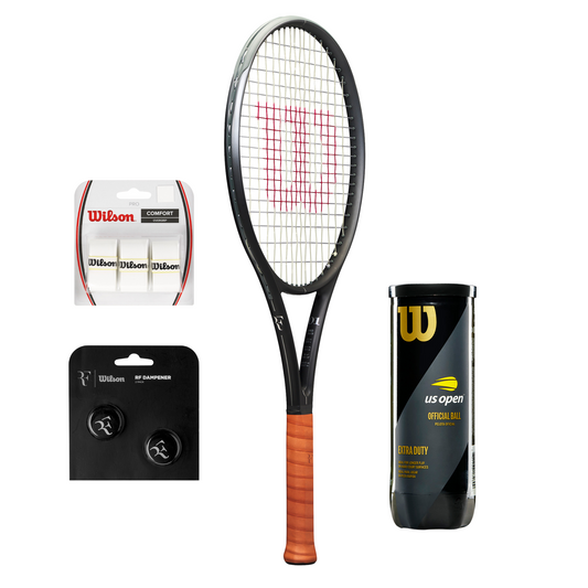 באנדל RF WILSON כולל מחבט, כדורי US OPEN, גריפ איכותי ובולם זעזועים, הכנה למגרש.