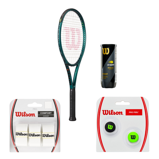 באנדל Blade 100 V9 כולל מחבט, בולם זעזועים ומצברים במשחק טניס, ציוד טניס מקצועי.
