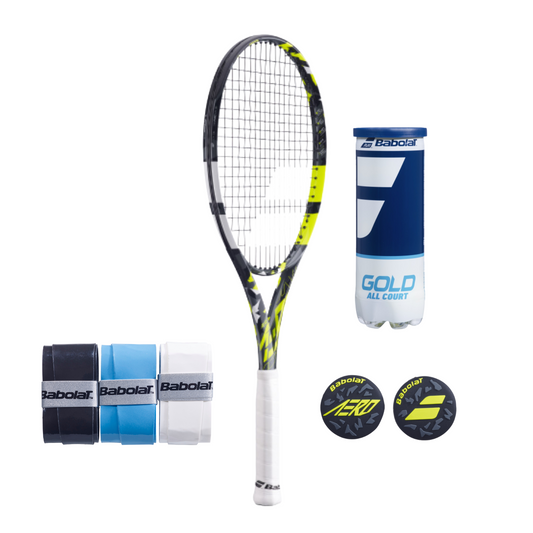 באנדל  Pure Aero Team 2023 Babolat - סט טניס הכולל מחבט, חבילות גריפים וכדורים באיכות גבוהה.