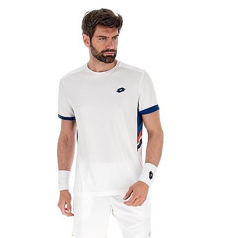 חולצת גברים לוטו SQUADRA III TEE LOTTO - חולצה לבנה עם עיצוב ספורטיבי לחובבי הטניס.