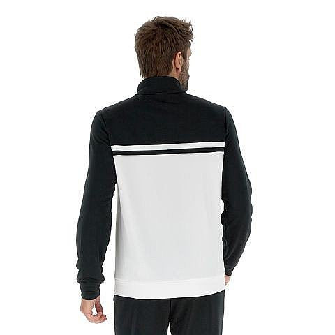 ז׳קט טניס לגבר SQUADRA TC JACKET LOTTO מבט אחורי, עיצוב ספורטאלגנטי בשחור ולבן.