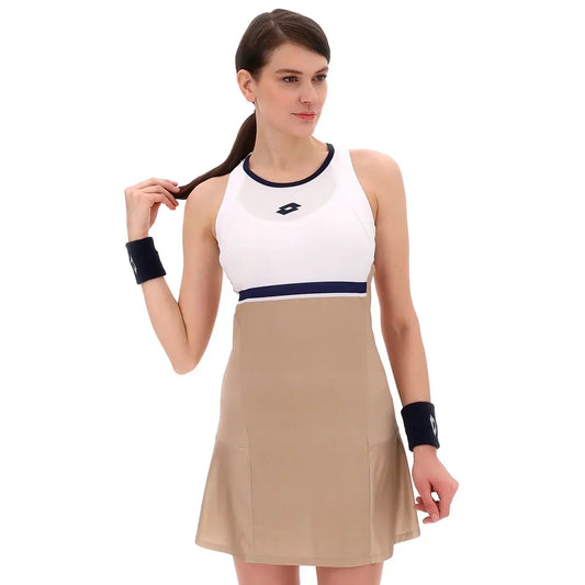 שמלת נשים לוטו TECH W V - D1 DRESS LOTTO, שמלה חצי שרוול בצבע בז’, אידיאלית לספורטאיות.