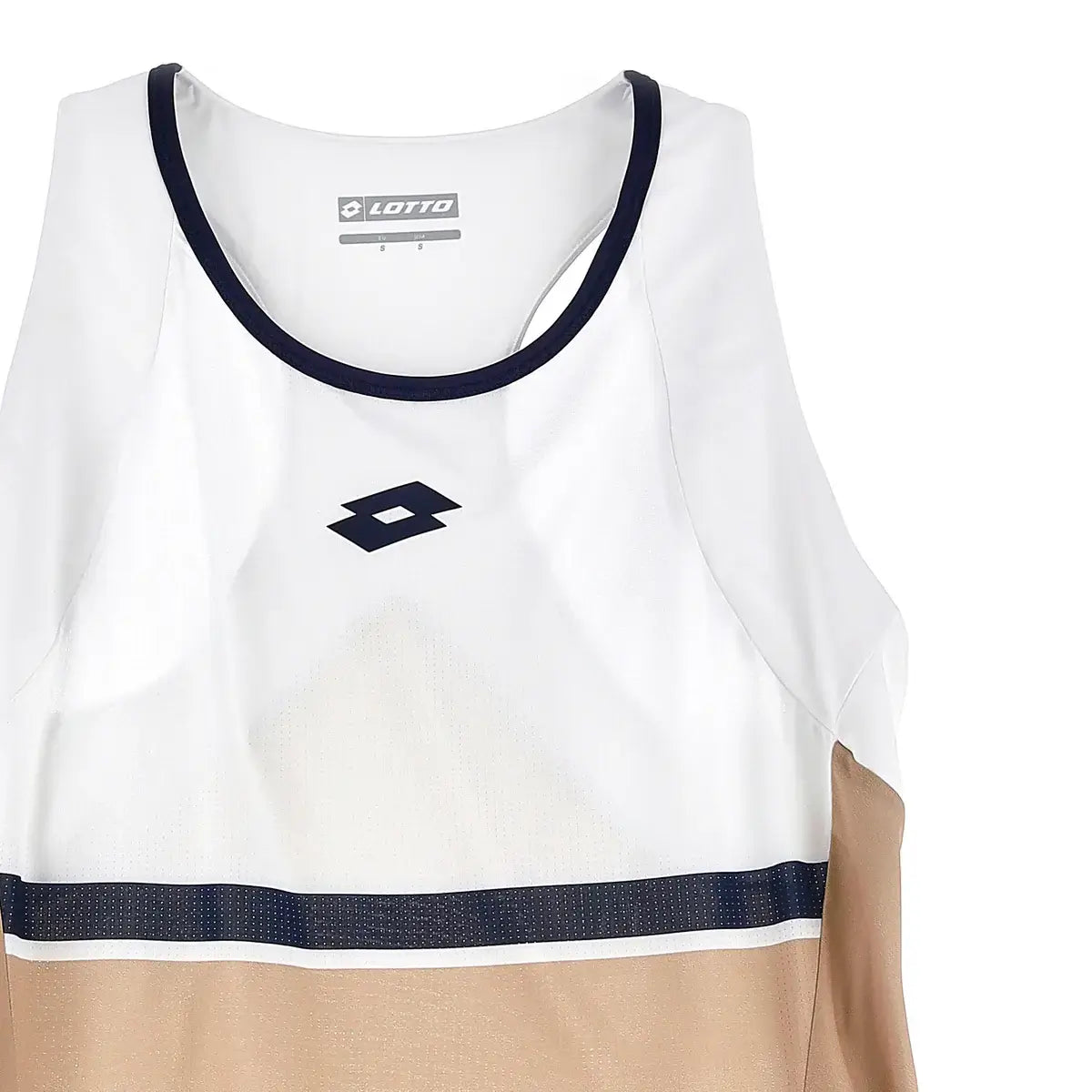 חולצת טניס נשים לוטו TECH W V - D1 TANK LOTTO בגוון בז’ עם גרפיקת Color-Block מודרני.