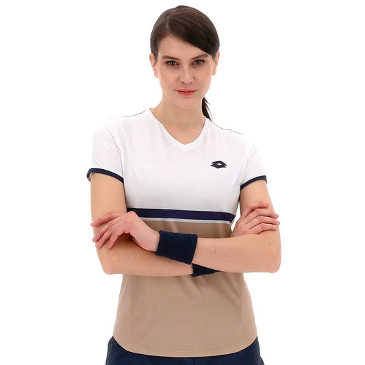 חולצת נשים לוטו TECH W V - D1 TEE LOTTO המיועדת לביצועים גבוהים, עיצוב צבעוני ומודרני.