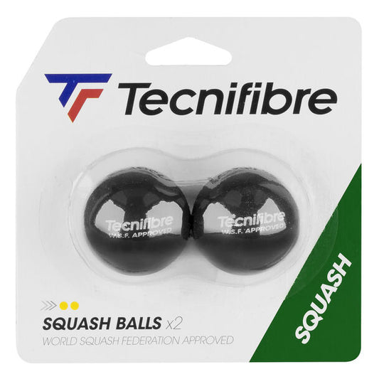 כדורי סקווש Tecnifibre Squash Balls (Double Yellow Dot) 2 יחידות | טכניפייבר באריזת קרטון.