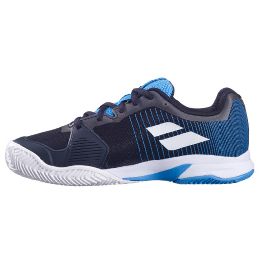 נעלי טניס לילדים Babolat Jet Premura Junior | בבולט - צד נעלי טניס שחורות וכחולות עם פסים.