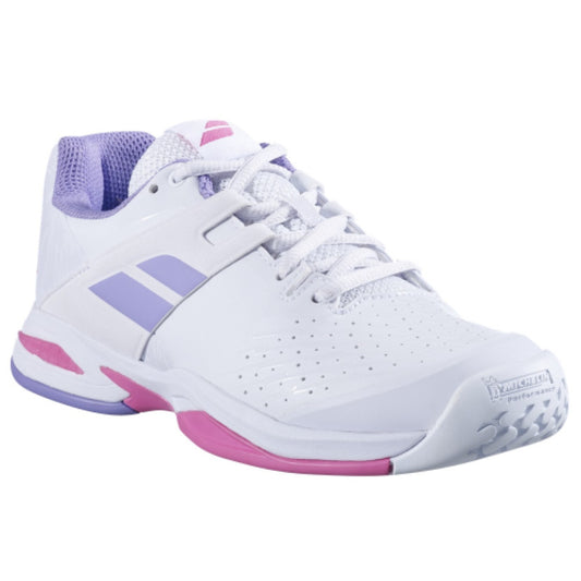 נעלי טניס לילדים Babolat Propulse AC Junior Girl Lavender White | בבולט בגרסה לבנה עם פרטים סגולים וכחולים.