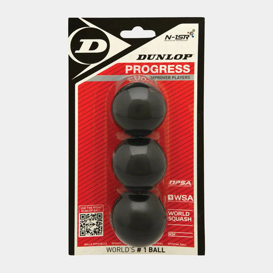 כדורי סקווש Dunlop Progress 3 Ball Blister 3 כדורים | דנלופ באריזת קמעונאית, כדורים שחורים לאימון ושיפור.