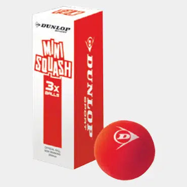 כדורי סקווש Dunlop Fun (3-Pack) 3 כדורים | דנלופ עם אריזת כדורים אדומה וכדור סקווש גדול מבית דנלופ.