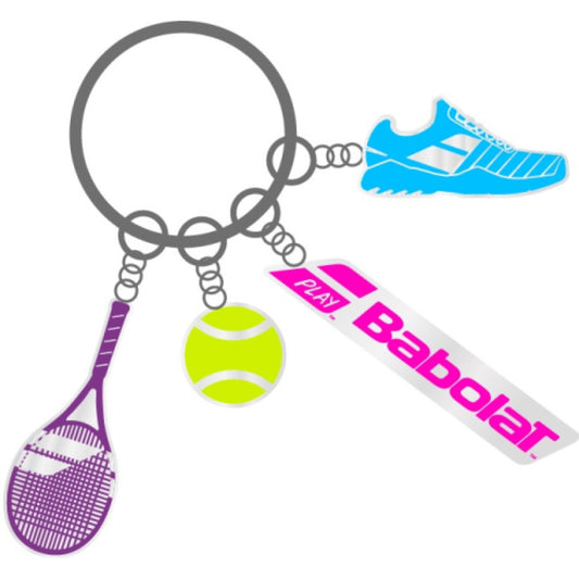 מחזיק מפתחות Charms Key Ring Babolat בעיצוב טניס עם כדור טניס, רשת ונעלי ספורט.