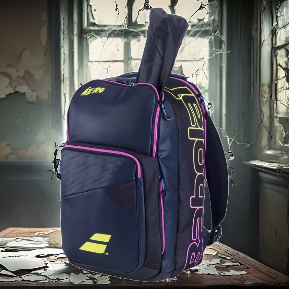 Backpack Pure Aero Rafa g2 Babolat in a stylish black and yellow design, ideal for professional tennis players.