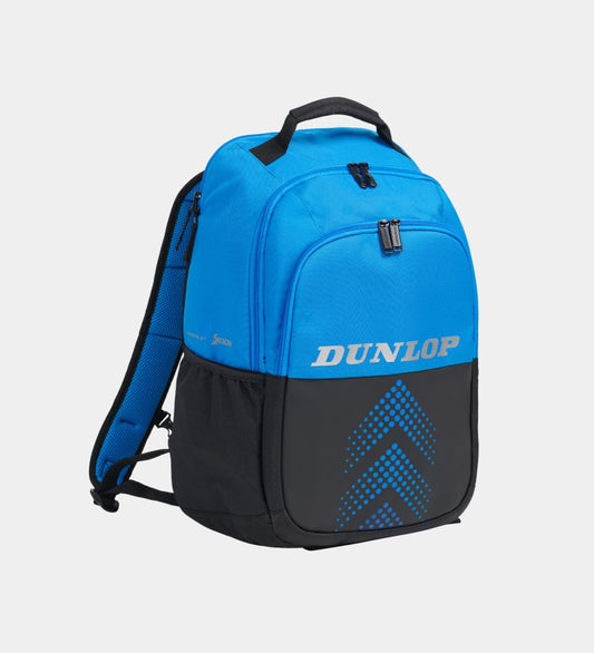 תיק אימון Dunlop FX-Performance Backpack | דנלופ בתמונה, תרמיל טניס כחול ושחור, עיצוב אלגנטי ונוח.