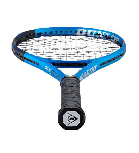 מחבט טניס Dunlop FX500 משקל 300 גרם | דנלופ בצבע כחול עם חוטי רשת דינמיים וצורת חבטה קלאסית.