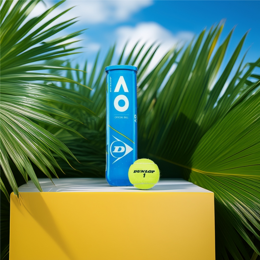 כדורי טניס Dunlop Australian Open (4 כדורים בקופסה) | דנלופ על רקע ירוק עם שמש בשמים.