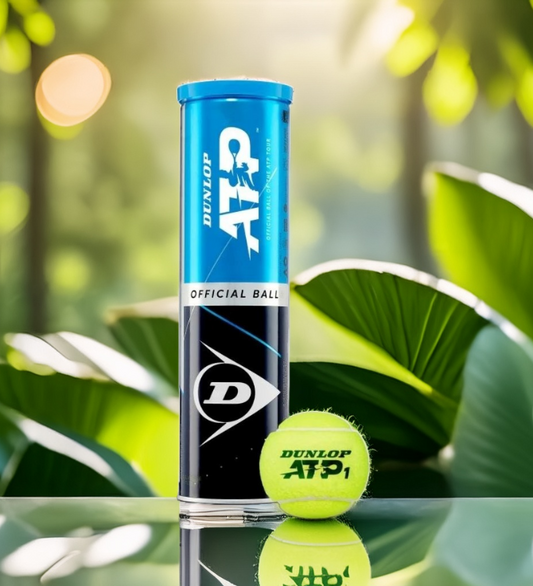 כדורי טניס Dunlop ATP (3 כדורים בקופסה) | דנלופ בפתיחה עם כדור טניס דנלופ נח בלב צמחייה ירוקה.