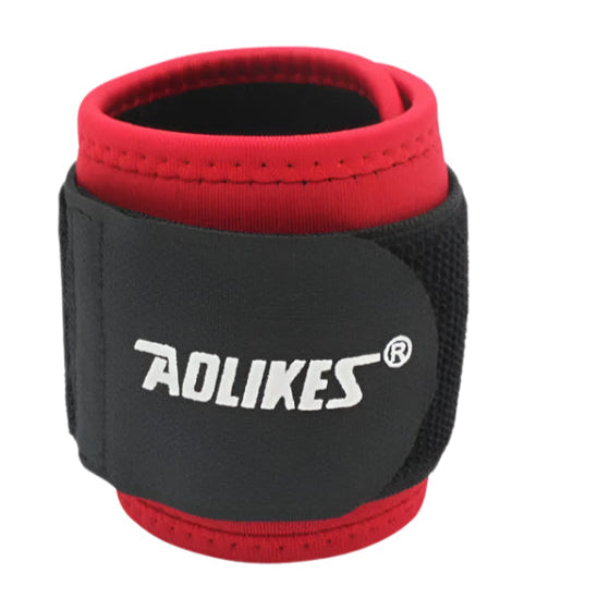 תמיכת רצועת יד לתחבושת יד מתכווננת - מוצר של AOLIKES בצבעים אדום ושחור, מספקת תמיכה ויציבות לפרק כף היד.