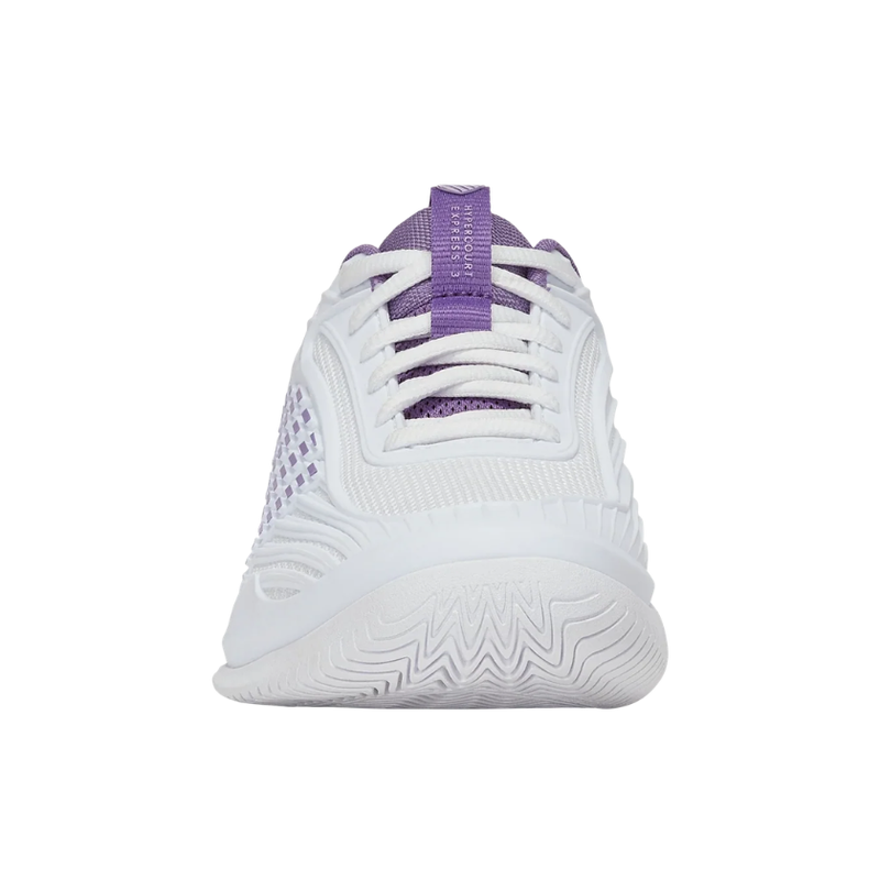 מבט חזיתי של נעלי טניס K-Swiss Hypercourt Express 3 לנשים בצבע לבן וסגול