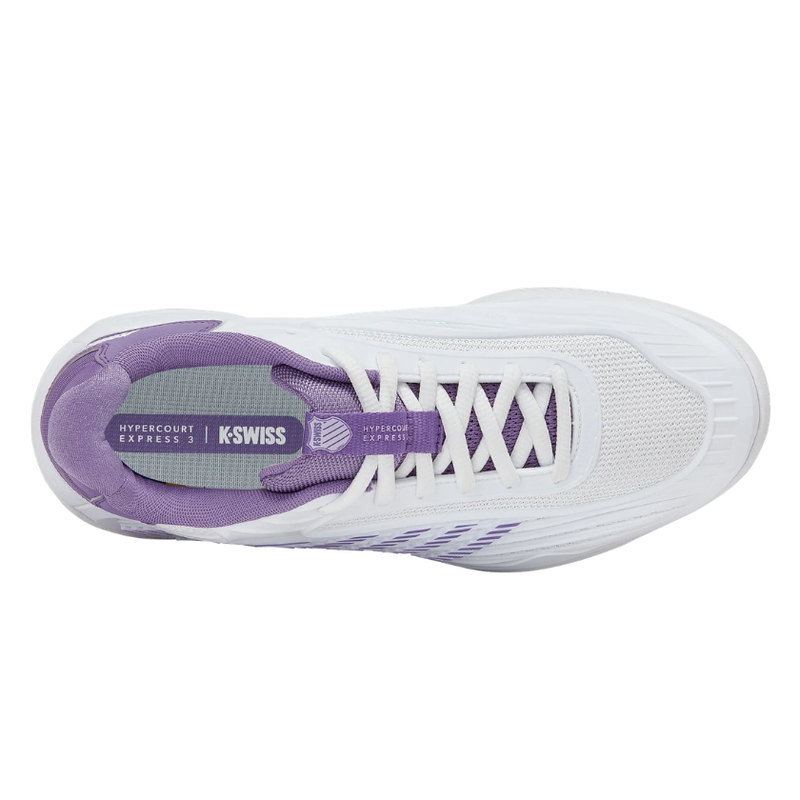 מבט מלמעלה על נעלי טניס K-Swiss Hypercourt Express 3 לנשים בצבע לבן וסגול