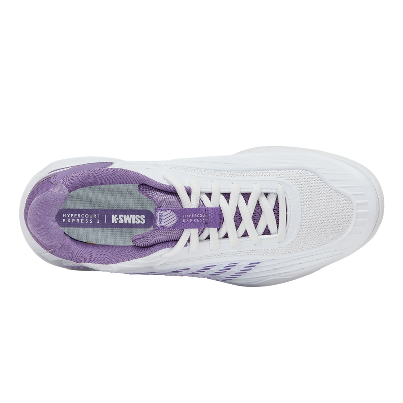 מבט על גפת נעלי טניס K-Swiss Hypercourt Express 3 לנשים בצבע לבן עם מדרס סגול