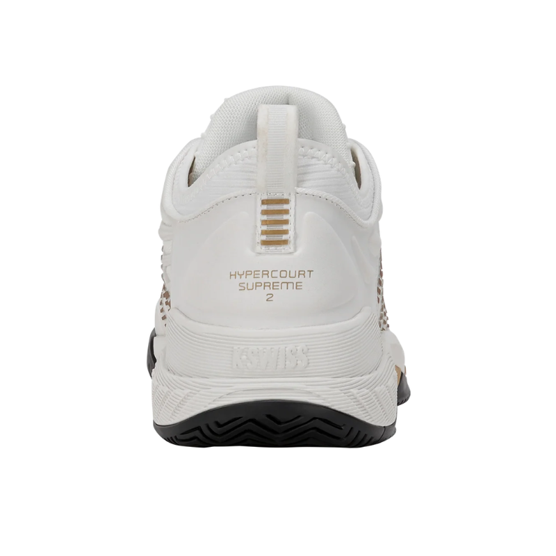 מבט מאחור על העקב של נעלי טניס K-Swiss Hypercourt Supreme 2 לגברים בצבע לבן וזהב