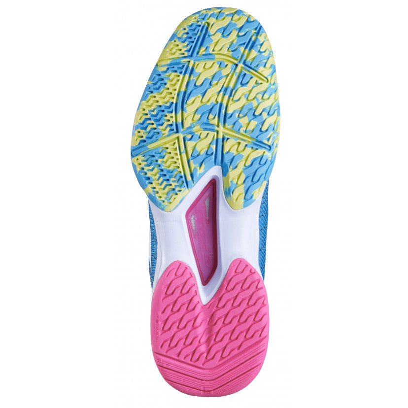 Sole of Jet Mach 2 AC Women Babolat tennis shoes featuring a colorful traction pattern.