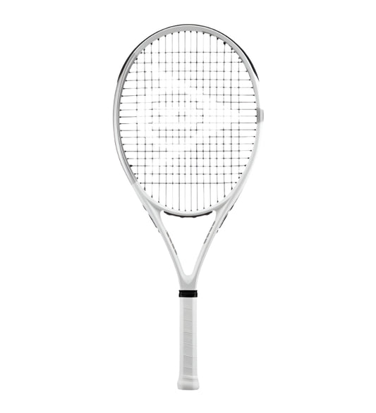 מחבט טניס Dunlop LX800 משקל 255 גרם | דנלופ - תצוגה קדמית של מחבט טניס לבן עם רשת.
