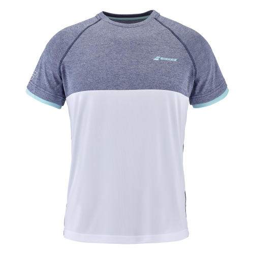 חולצת טניס בבולט Play Crew Neck Tee Men Babolat בצבעים כחול ולבן עם עיצוב מודרני ונוחות למשחקים.