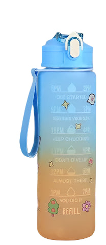 בקבוק מים 900 מ"ל בצבעי הקשת עם מד זמן ומדבקות חמודות, בקבוק ספורט לשימוש חוזר.
