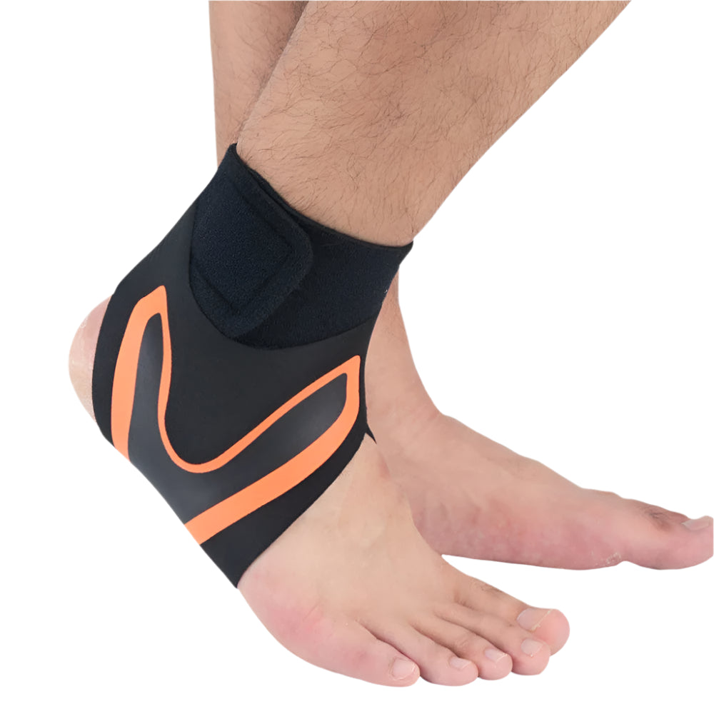 מייצב קרסול סד דחיסה בצבע שחור עם עיטורי כתום, מגן קרסול מקצועי לפעילות ספורטיבית.