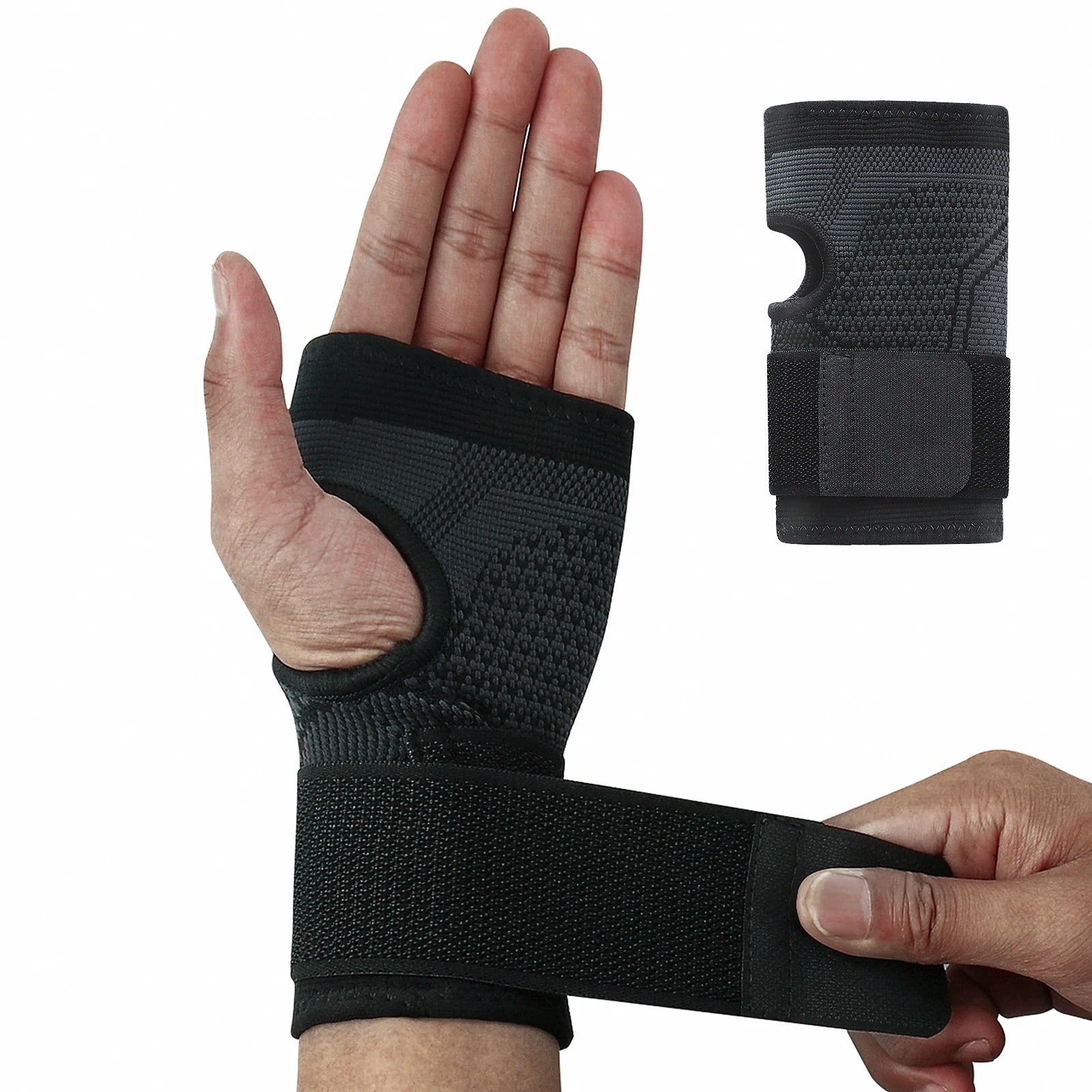 סד תמיכה לשורש כף היד, רצועת דחיסה להגנה על פרק כף היד בזמן האימון, צבע שחור וניילון נושם.