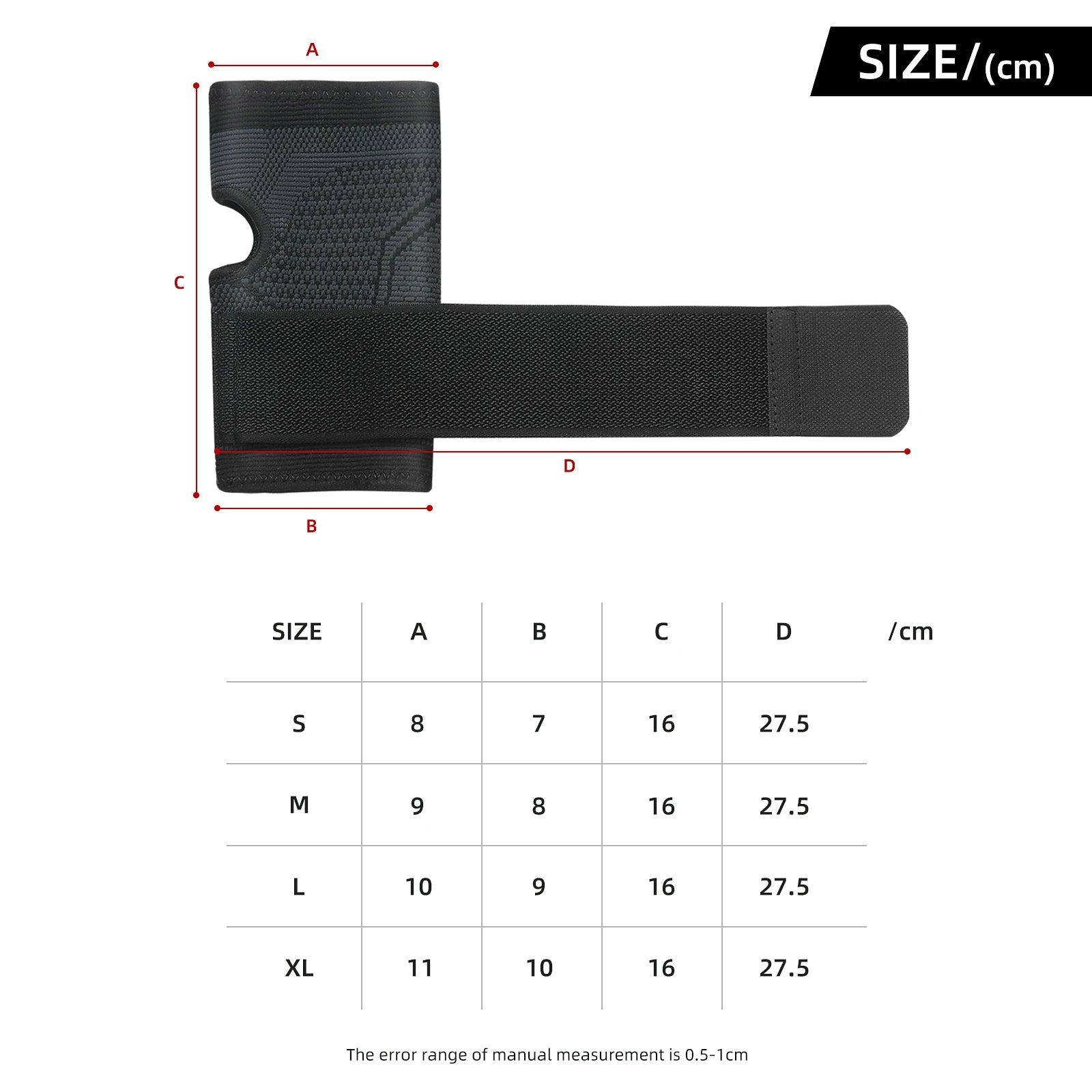 מידות של סד תמיכה לשורש כף היד, כולל פרטי המידות עבור S, M, L, XL.