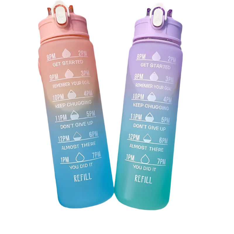 בקבוק מים 900 מ"ל בצבעי הקשת עם מד זמן, מדבקות חמודות, בקבוק ספורט מוטיבציוני