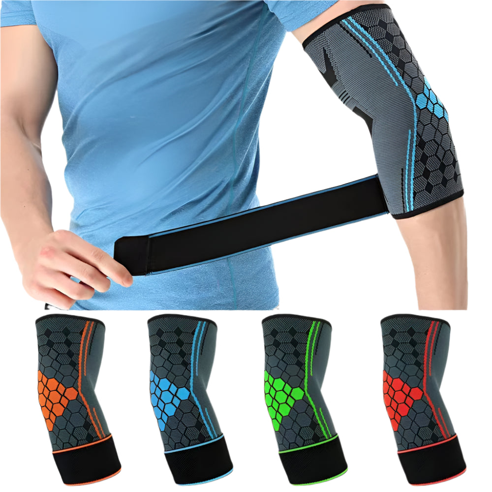 1 יחידות שרוול תמיכה לדחיסת סד מרפק, תצוגה של חמש יחידות בצבעים שונים, לבש על יד ומראה חומרים נושמים.