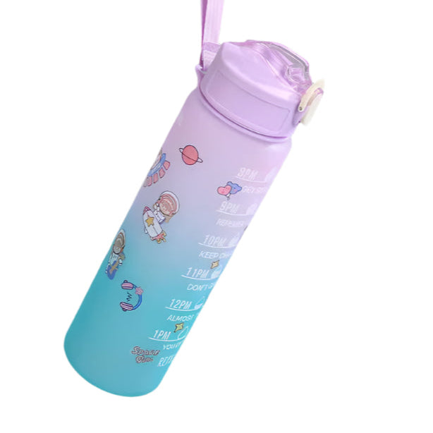 בקבוק מים 900 מ"ל בצבעי הקשת עם מד זמן ומדבקות חמודות לשימוש חוזר ועבודה ספורטיבית.