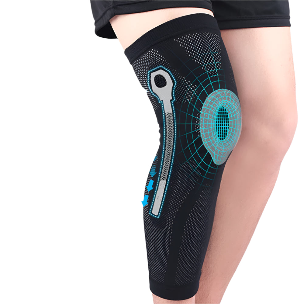 מגן ברכיים ללא החלקה תומך ברך לשיכוך כאבי מפרקים על רגל במראה כולל גרפיקה מודרנית.
