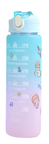 בקבוק מים 900 מ"ל בצבעי הקשת עם מד זמן ומדבקות חמודות, בקבוק ספורט מוטיבציוני לשימוש חוזר