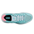 מבט מלמעלה על נעלי פאדל K-Swiss Tura Team Padel לנשים בצבע טורקיז וצווארון ורוד