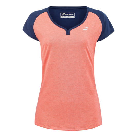 חולצת טניס נשים Play Cap Sleeve TOP Women Babolat בצבע כתום עם שרוולים כחולים, נוחה ואופנתית למגרש.