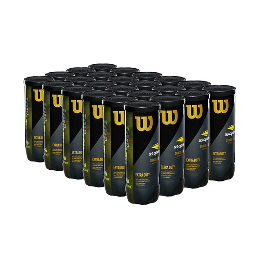 Pack of 24 Wilson Extra Duty tennis balls, featuring durable black and yellow packaging.