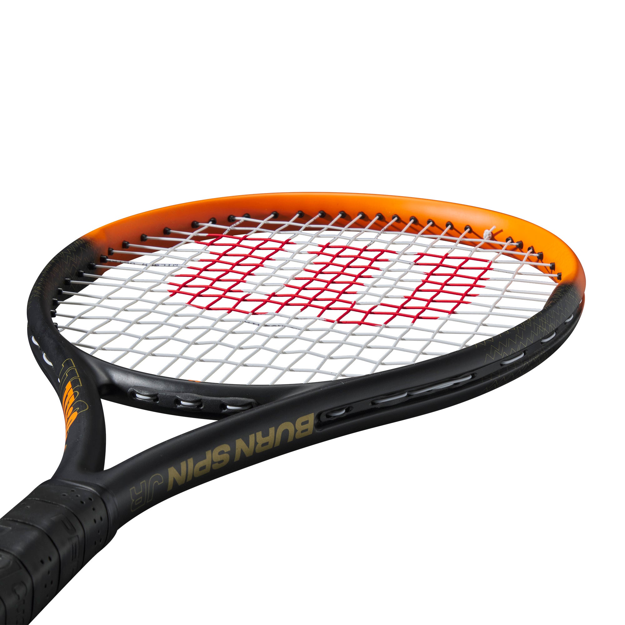 מחבט טניס לילדים | Burn Spin Jr 25 Tennis Racket - מבט קרוב על ראש המחבט העוצמתי בעיצוב שחור וכתום.