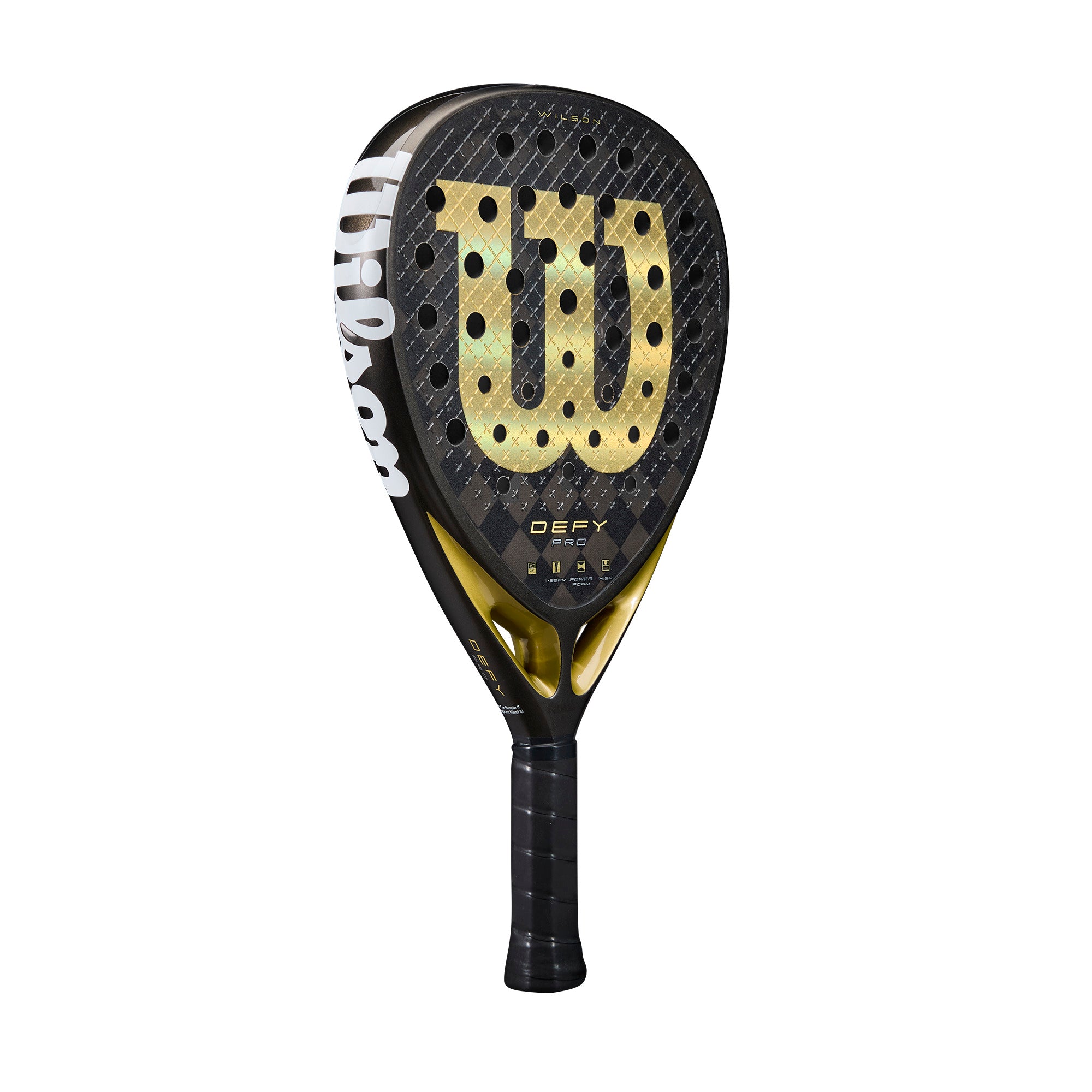 מחבט פאדל Wilson Defy Pro V1 Padel Racket | וילסון בצבעים שחור וזהב עם לוגו בולט.