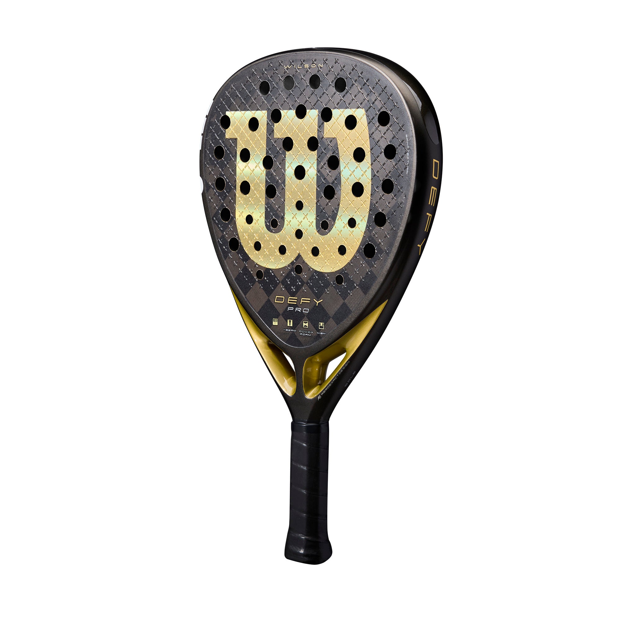 מחבט פאדל Wilson Defy Pro V1 Padel Racket | וילסון עם עיצוב פאנל זהב ושחור, אידיאלי לשחקנים מקצועיים.
